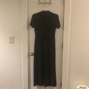 Vintage Mock Neck Black Velvet Rose Design Maxi Dress